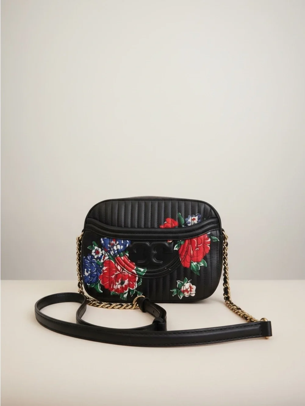 Tory Burch Floral Camera Crossbody Bag Black Nylon Leather Trim - Picture 12 of 12